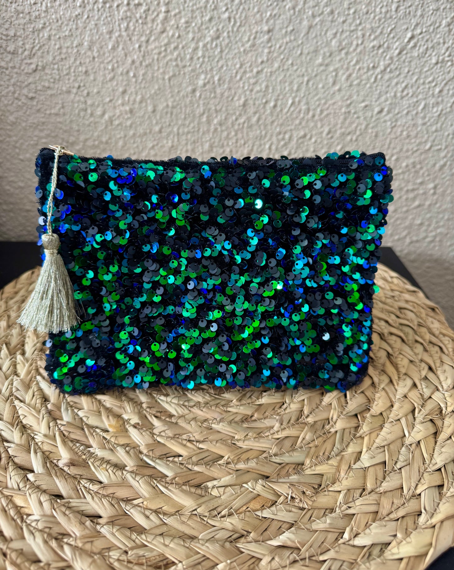 Pochette vert/bleu avec sequins